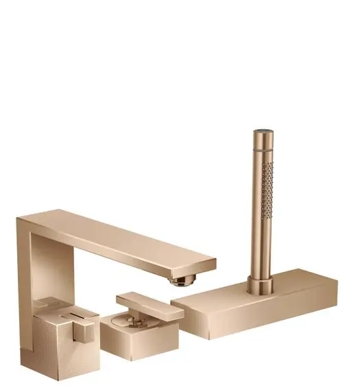 AXOR-Wannenrandmischer in Polished Red Gold mit drei Teilen, einschließlich langem Auslauf und separater Steuerung. Geometrisches Design und klare Linienführung.